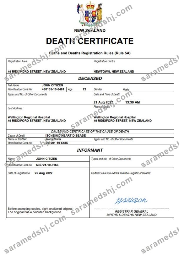 New Zealand death certificate Word and PDF template